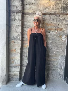 100% Cotton Adjustable Spaghetti Strap Wide Leg Jumpsuit with pockets - Black