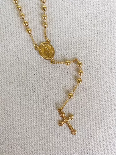 18k Gold Filled Rosary 4mm Plain Gold Beads In 18 Length Featuring Lady Mother of Grace Medallion And Crucifix Communion Miraculous