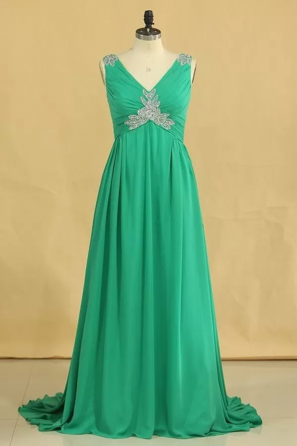 2024 V Neck A Line Plus Size Prom Dresses Chiffon Sweep Train With Ruffles P26RCPA1