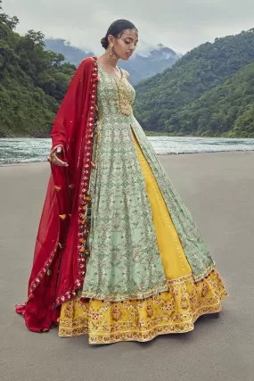 310025-RO Blue Yellow Lehenga with Red Dupatta