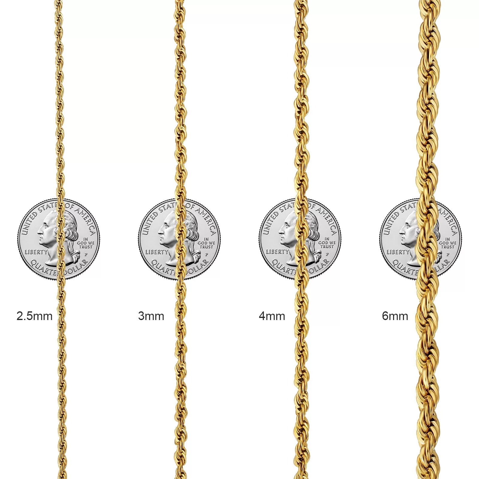 3mm/4mm/6mm Mens Rope Chain in 18K Gold/White Gold