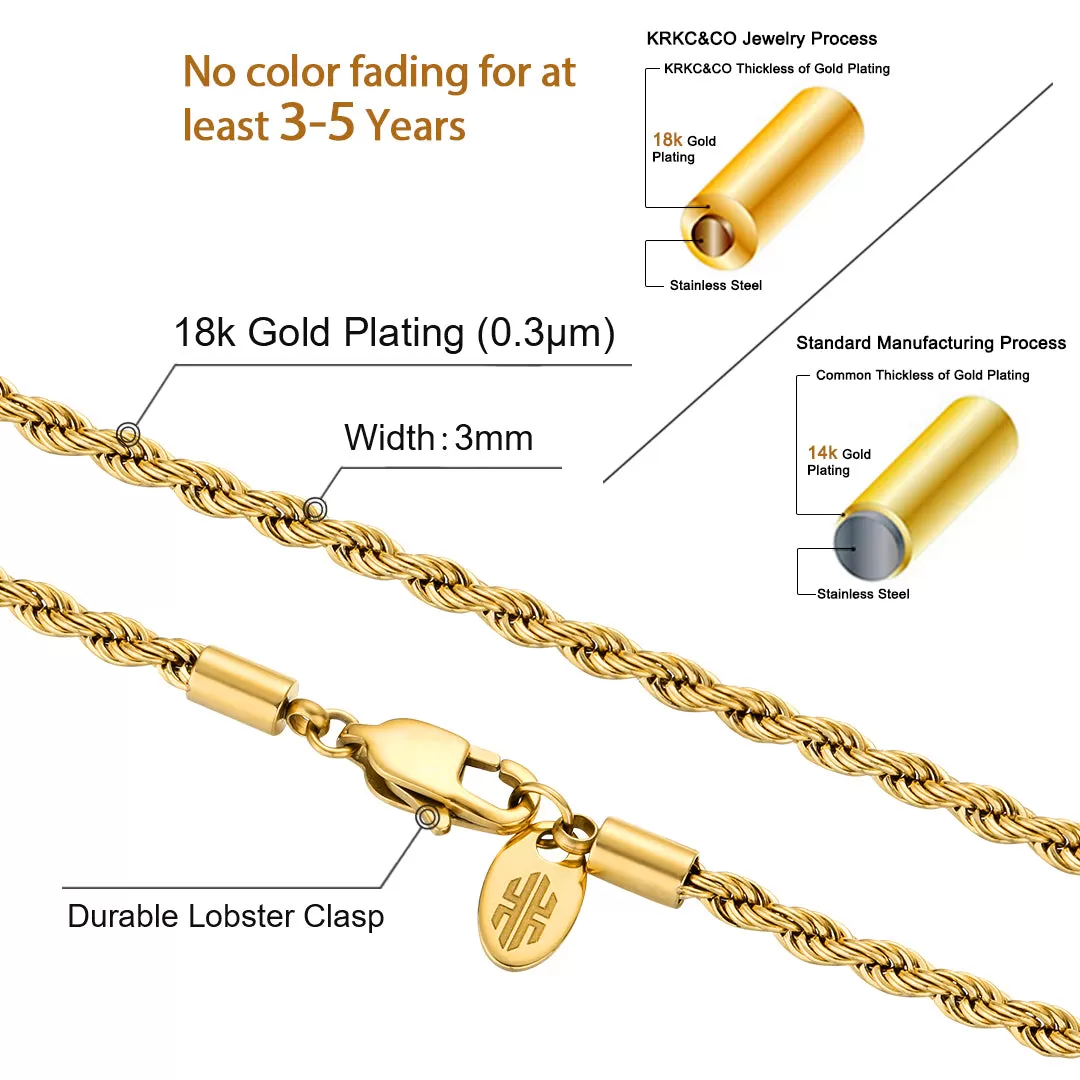 3mm/4mm/6mm Mens Rope Chain in 18K Gold/White Gold