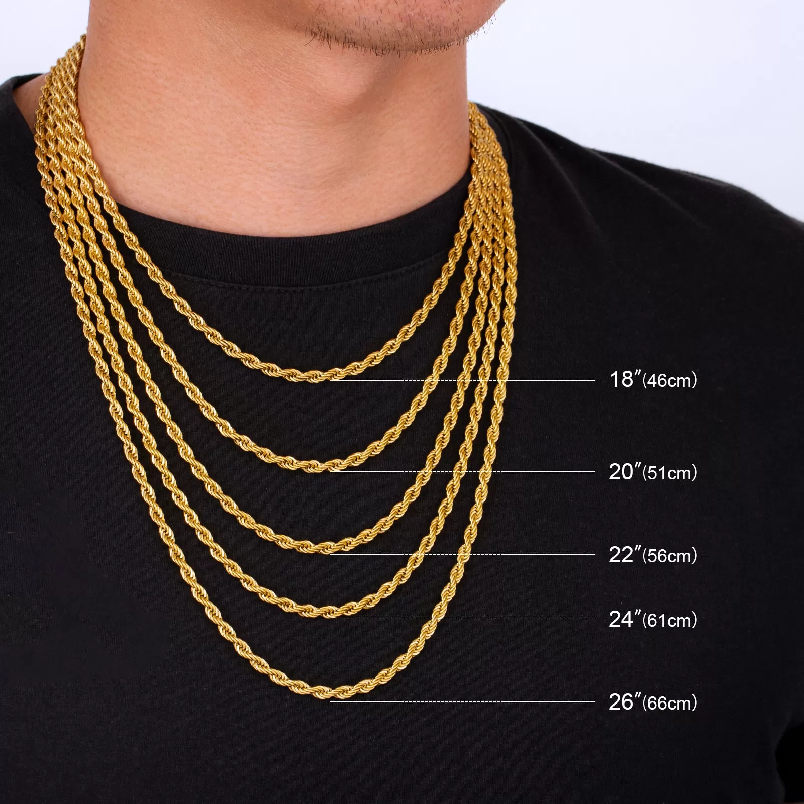 3mm/4mm/6mm Mens Rope Chain in 18K Gold/White Gold