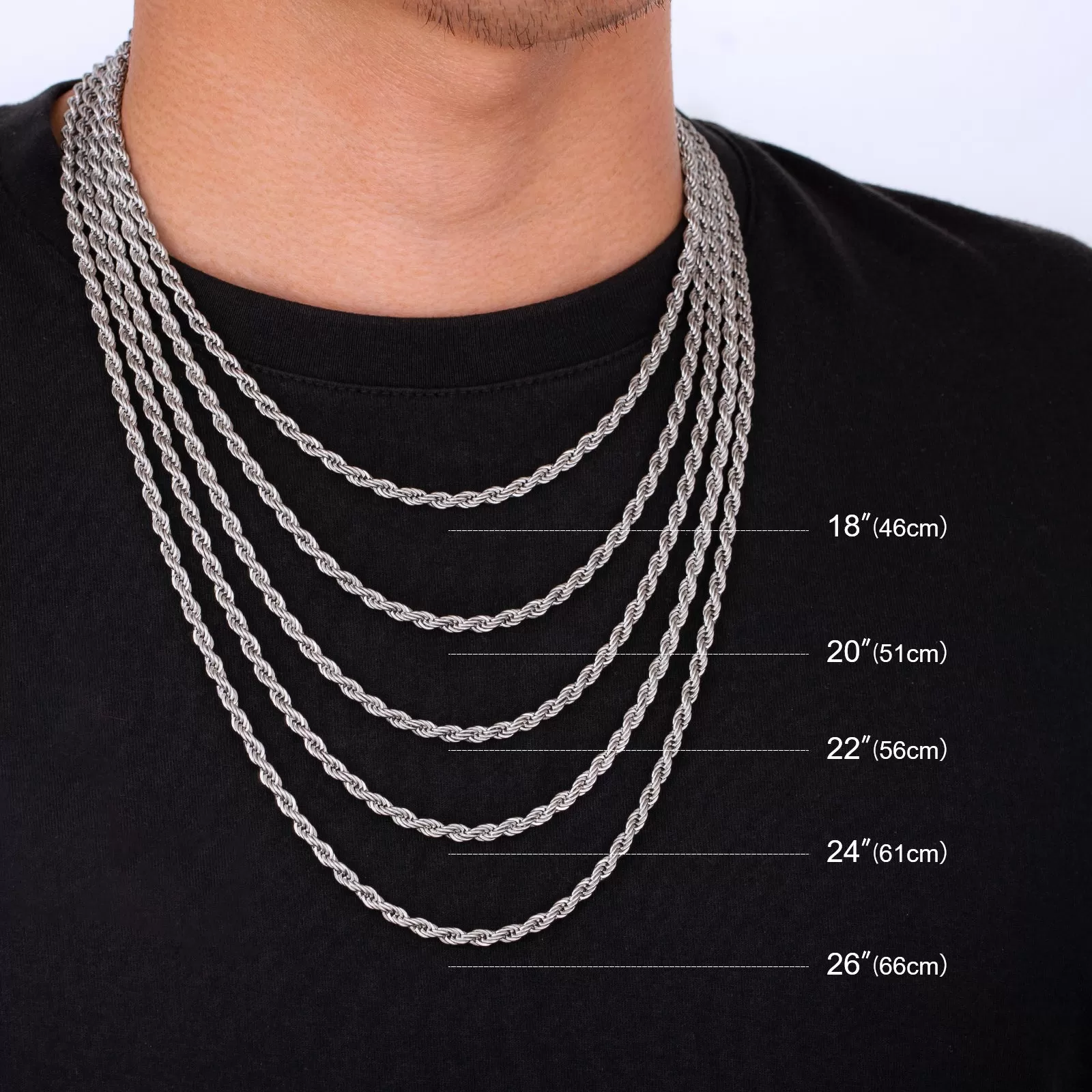 3mm/4mm/6mm Mens Rope Chain in 18K Gold/White Gold