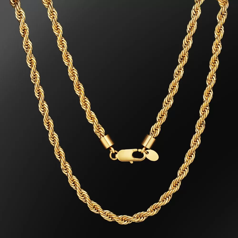 3mm/4mm/6mm Mens Rope Chain in 18K Gold/White Gold