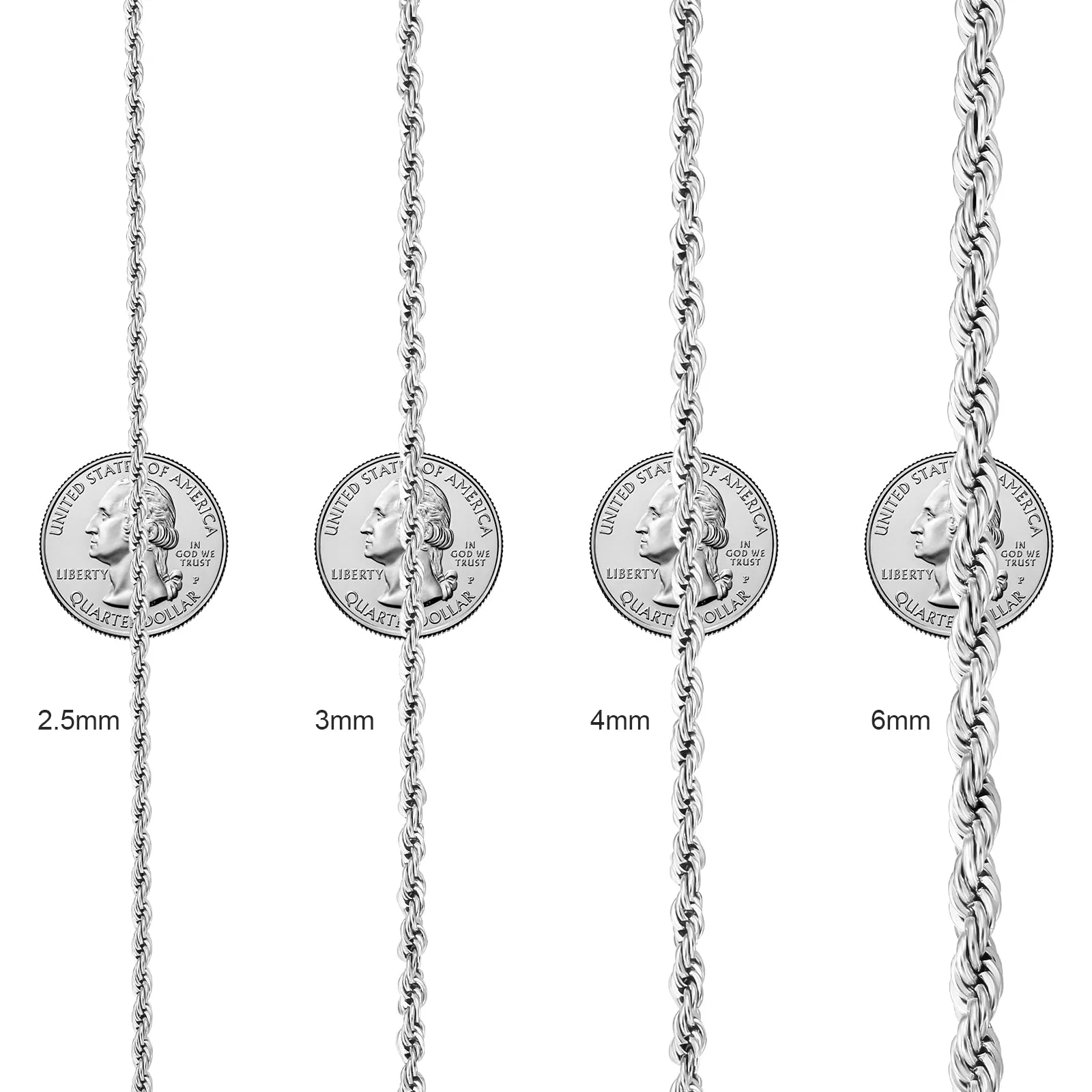 3mm/4mm/6mm Mens Rope Chain in 18K Gold/White Gold