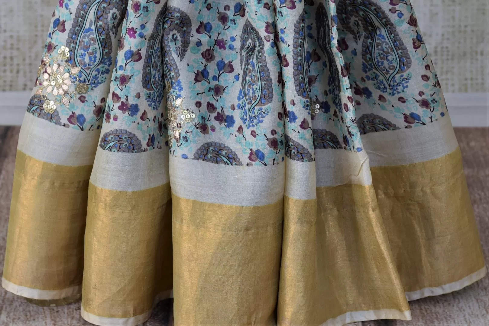 90I718-RO Cream Gota Work Printed Tussar Saree with Golden Border