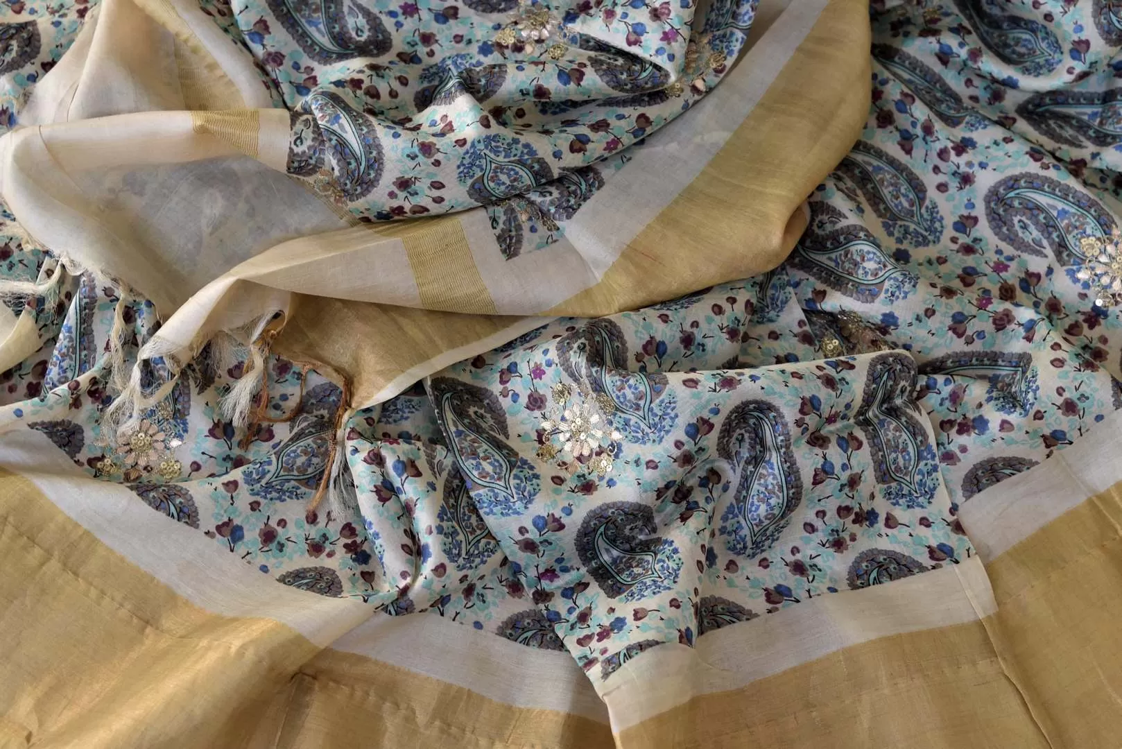 90I718-RO Cream Gota Work Printed Tussar Saree with Golden Border