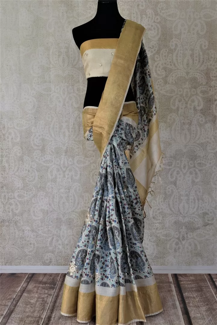 90I718-RO Cream Gota Work Printed Tussar Saree with Golden Border