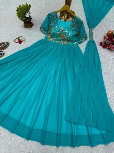 Aqua Blue Designer Georgette Anarkali Gown With Dupatta 2Pc