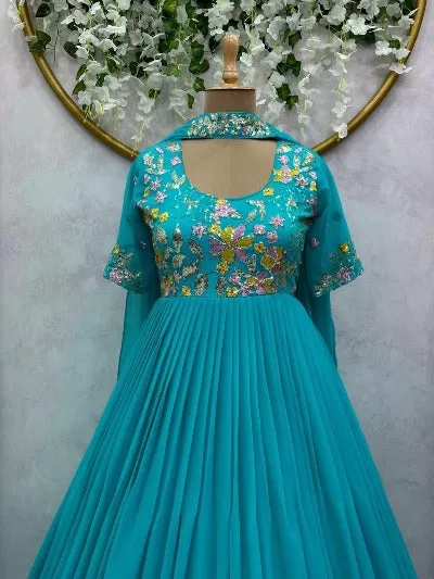 Aqua Blue Designer Georgette Anarkali Gown With Dupatta 2Pc