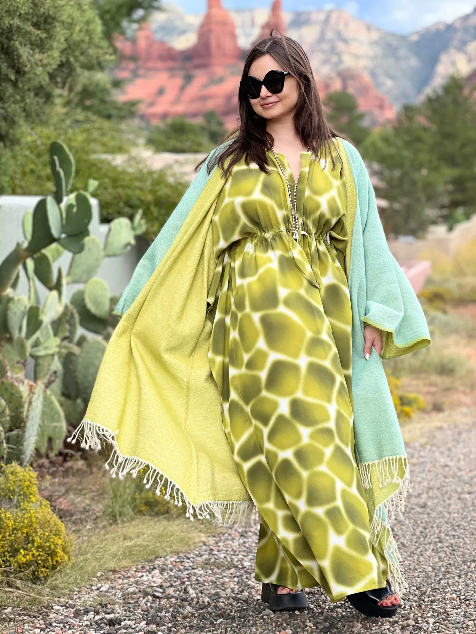 Aqua-Lime Boiled Wool Kimono Coat Reversible