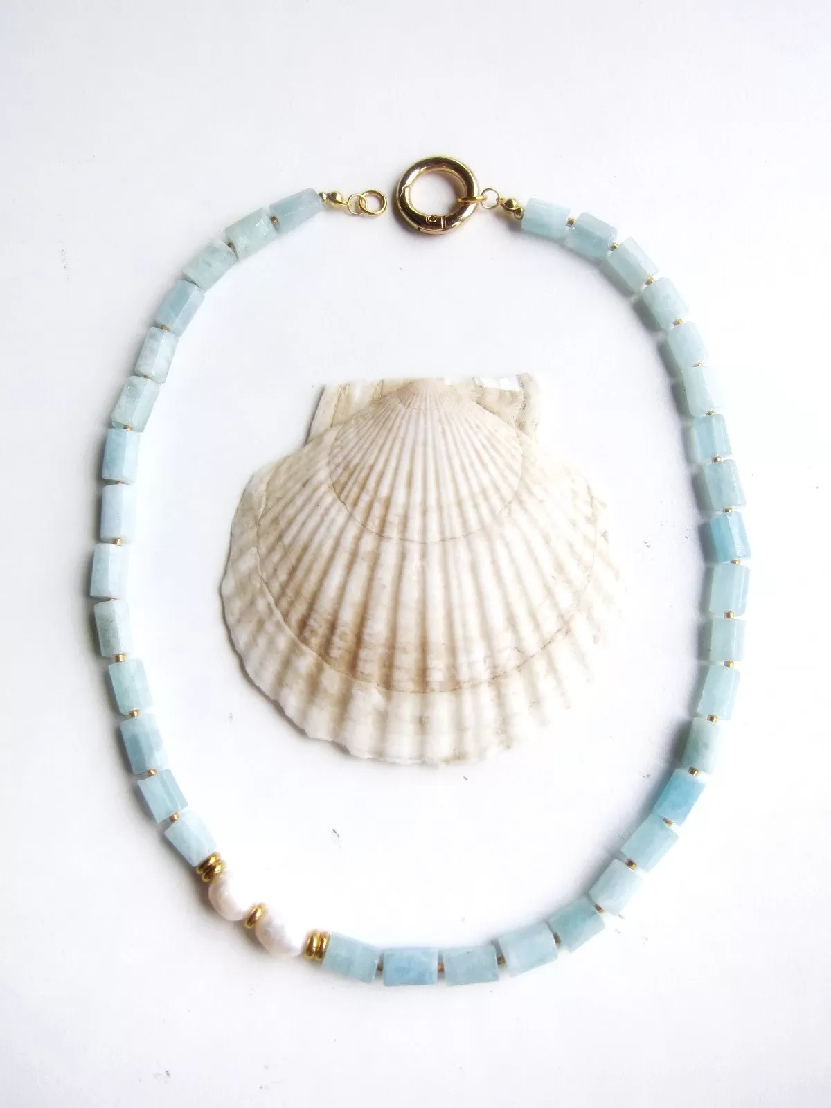 Aquamarine and Baroque Freshwater Pearl Necklace in 18K findings