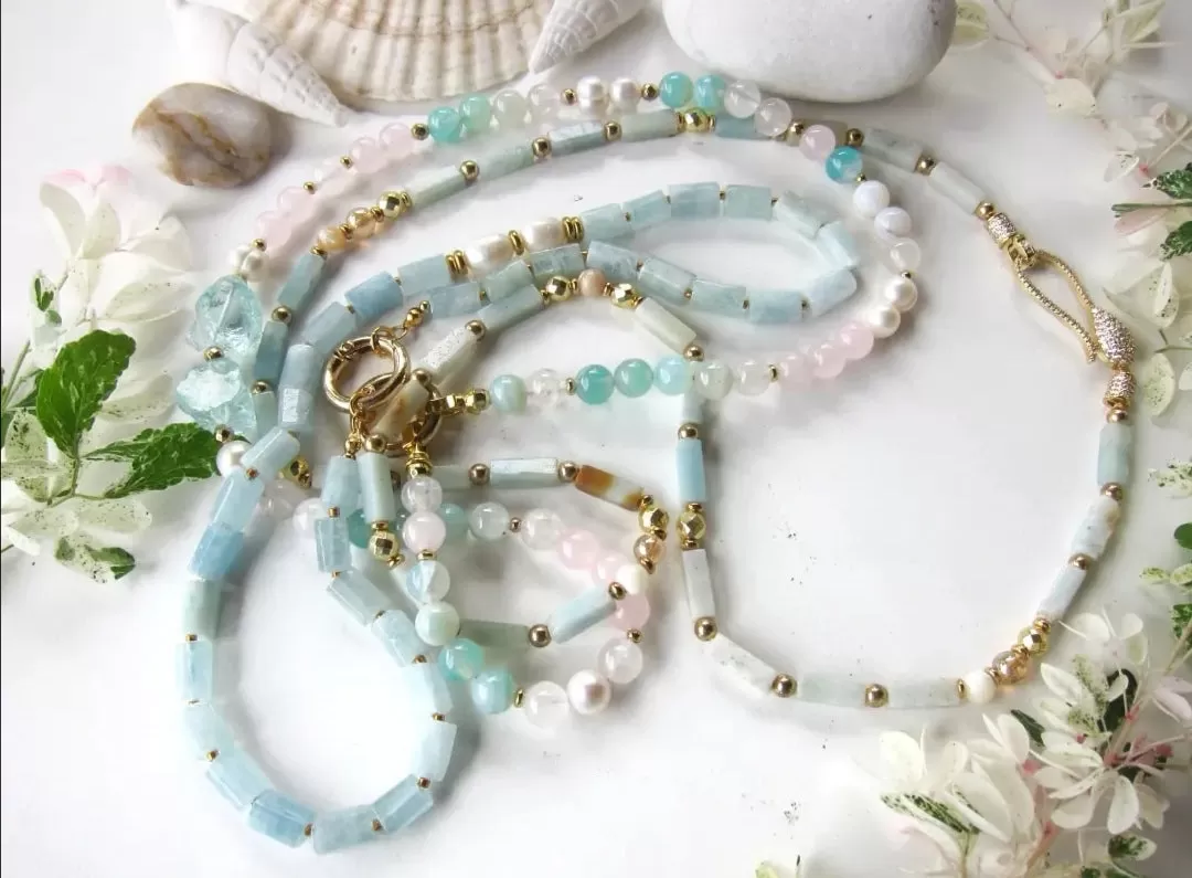 Aquamarine and Baroque Freshwater Pearl Necklace in 18K findings