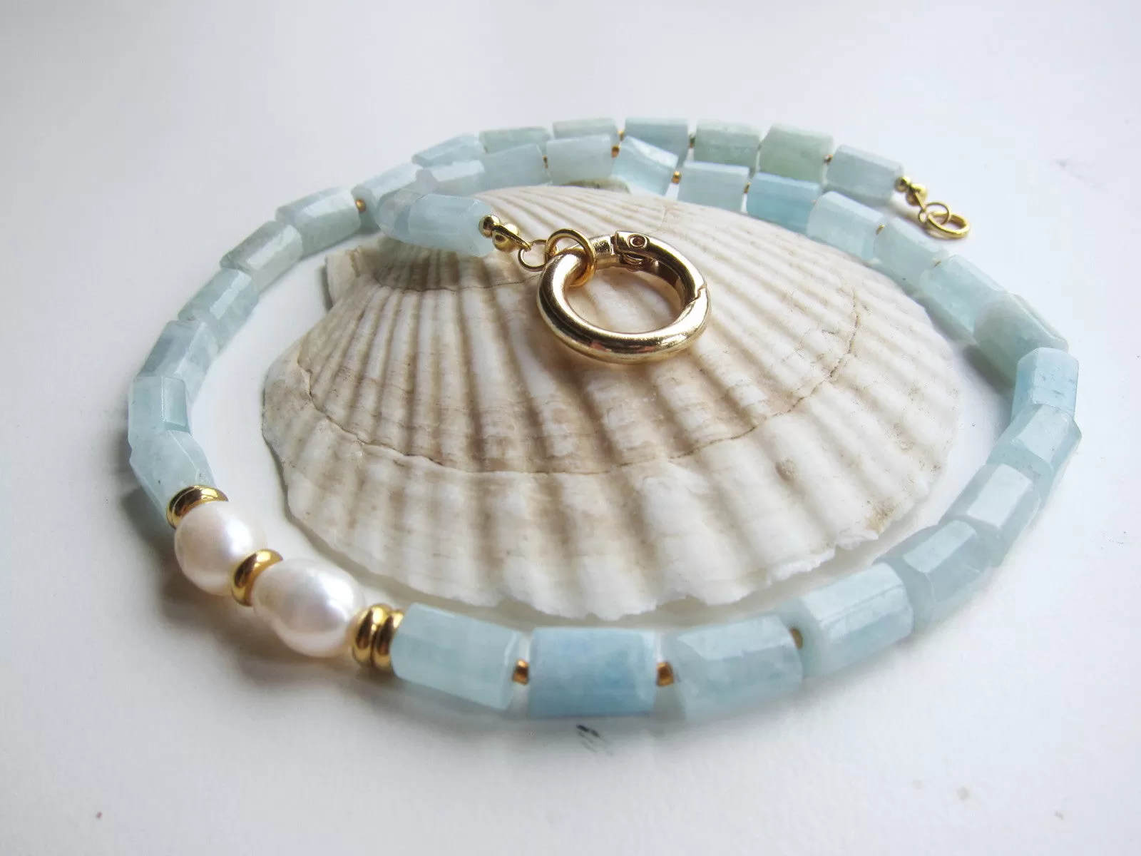 Aquamarine and Baroque Freshwater Pearl Necklace in 18K findings