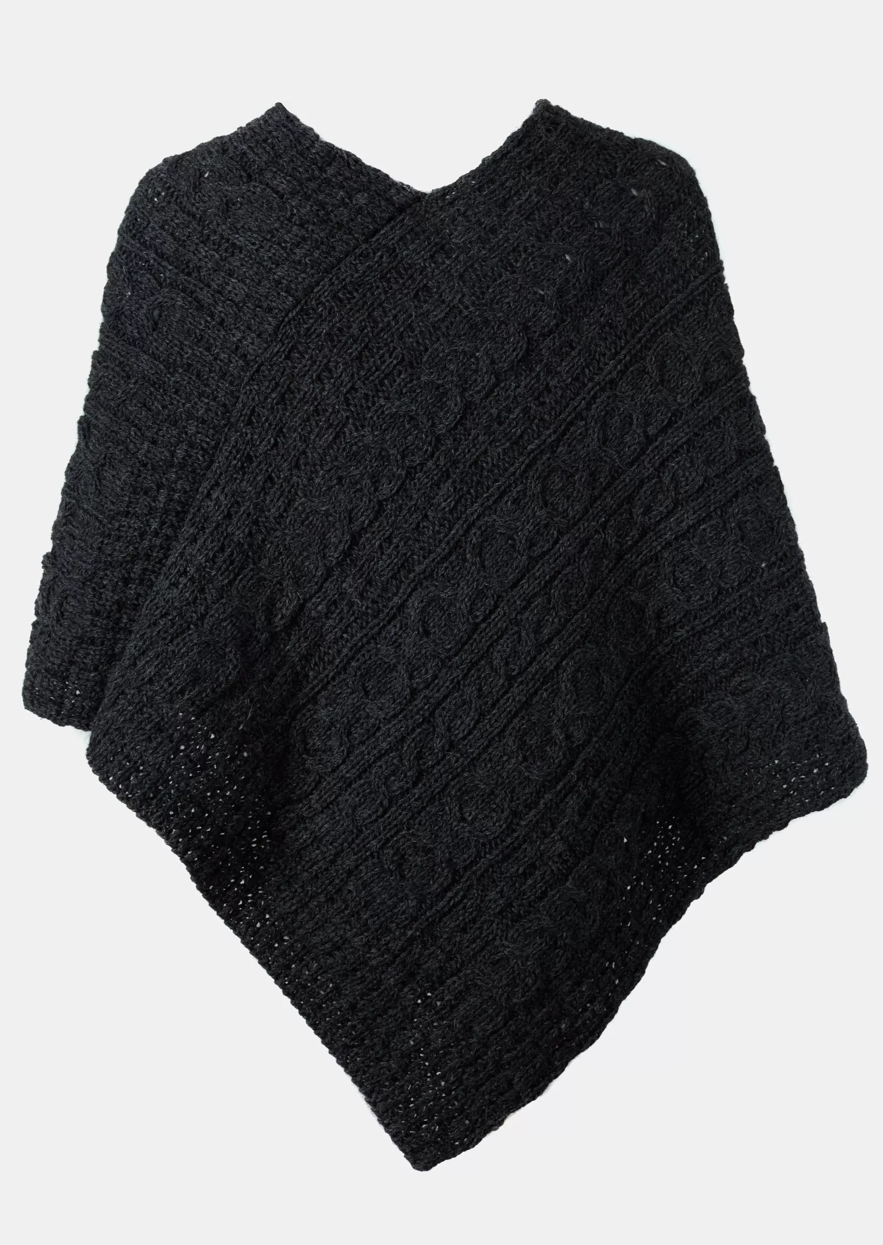 Aran Cable Knit Wool Poncho | Charcoal