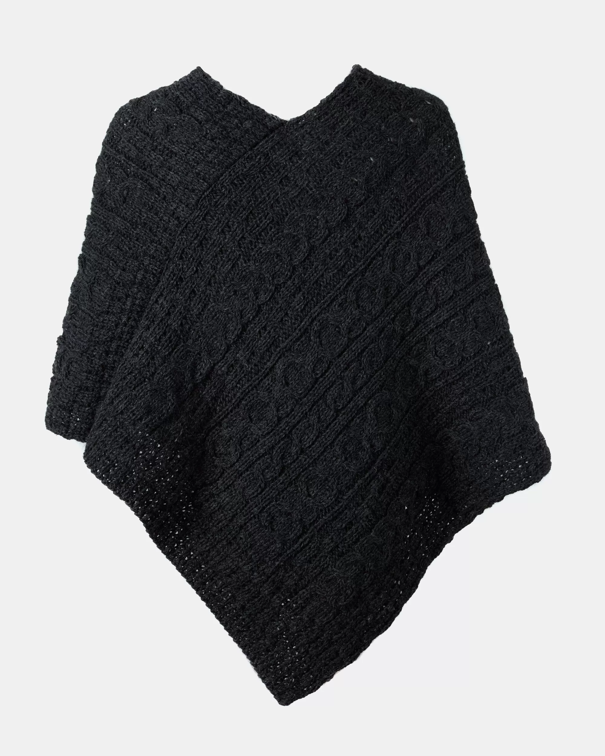 Aran Cable Knit Wool Poncho | Charcoal