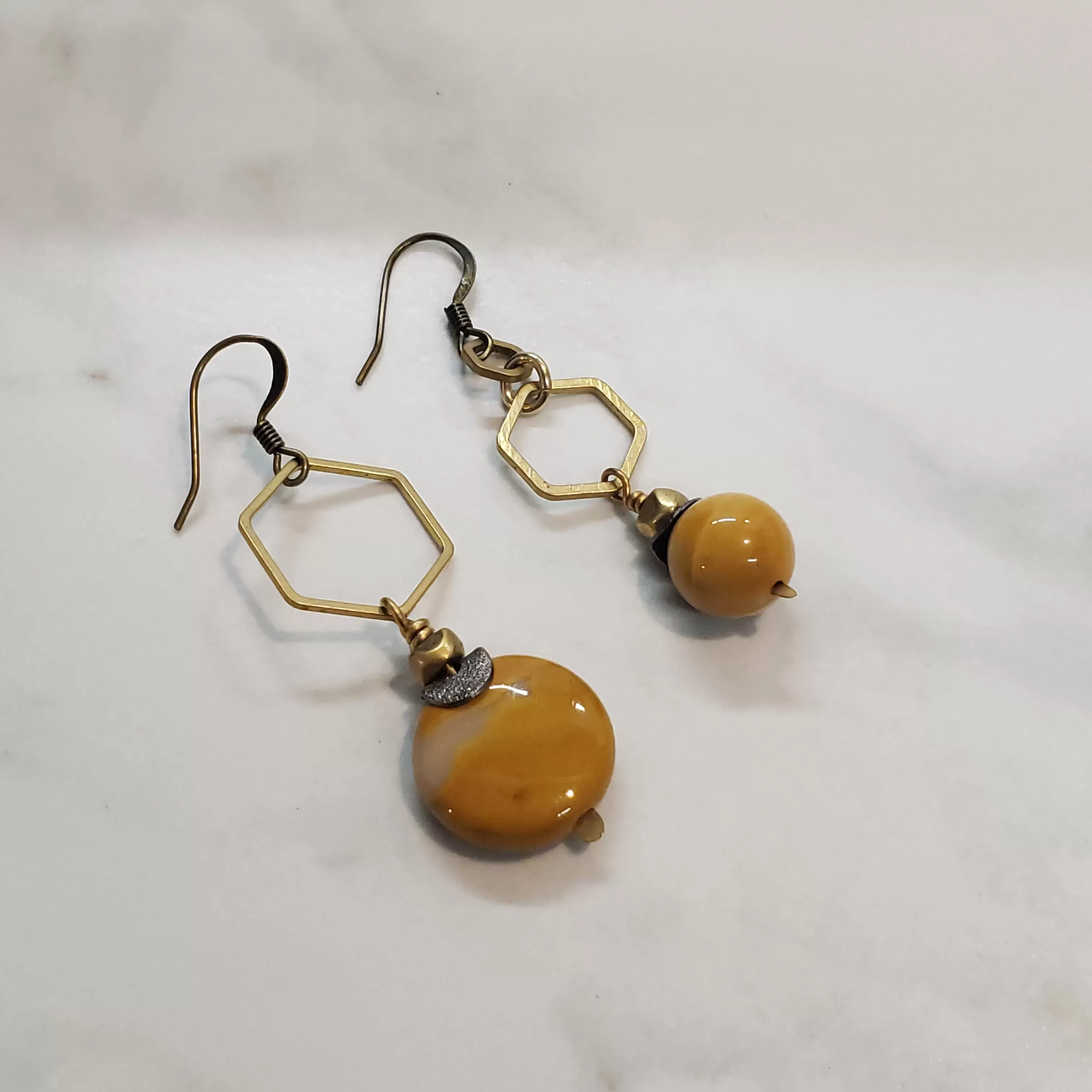 Asymmetric Hexagon Mustard Mookaite Stone Drop Earrings