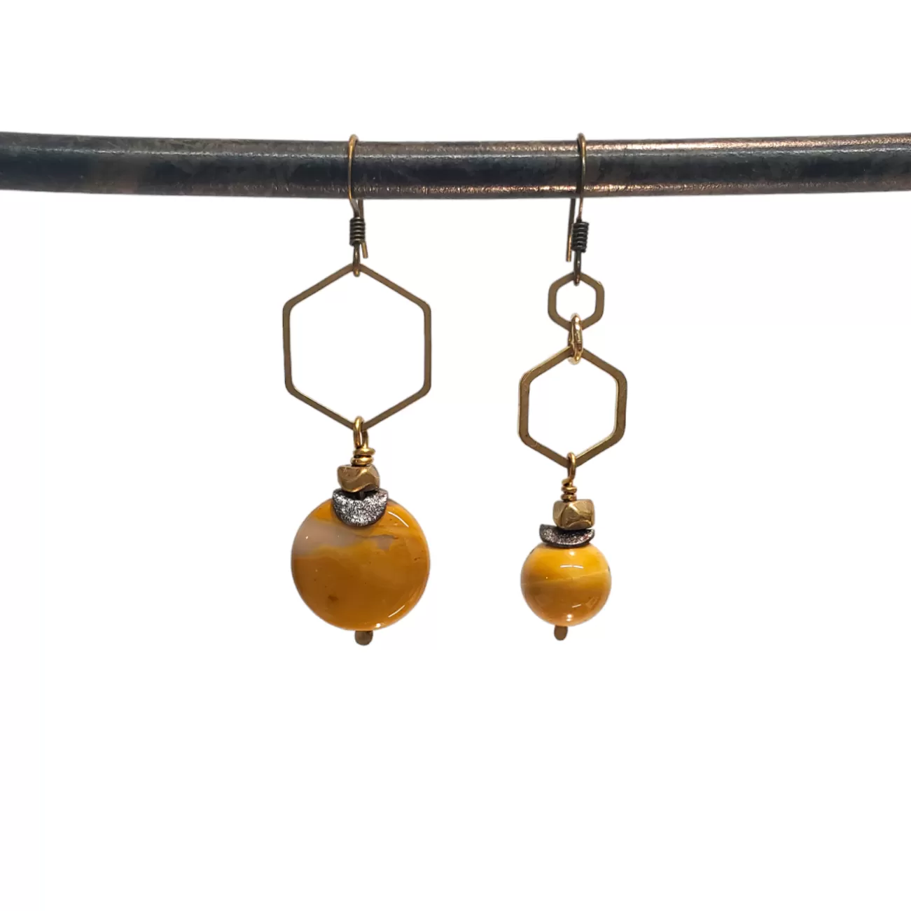 Asymmetric Hexagon Mustard Mookaite Stone Drop Earrings