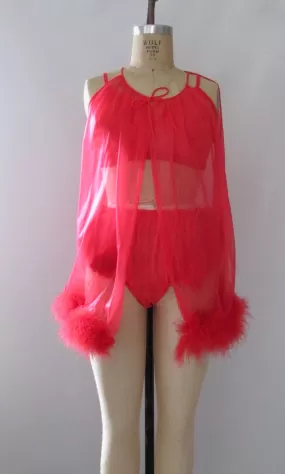 BABYDOLL 60s Red 3 Piece Lingerie Set, Panties Bra & Bed Jacket, Med Lg