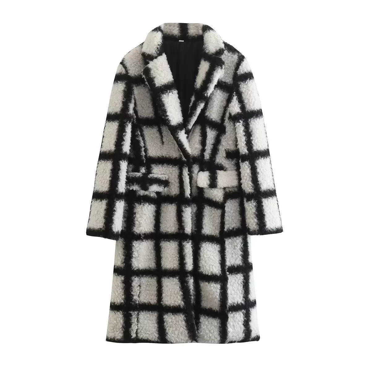 Black and White Slim Back Slit Woolen Coat