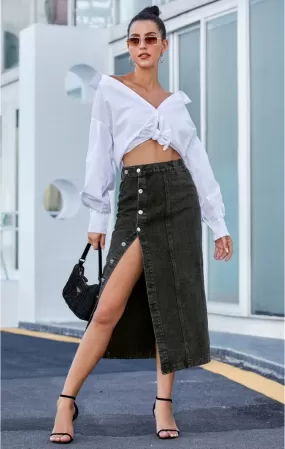 Black Button Down Denim Skirt