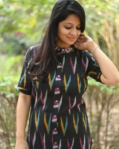 Black Cotton Ikkat Print Kurti Pant Set