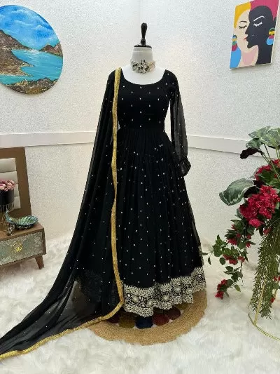 Black Georgette Sequence Work Anarkali Gown Dupatta Set 0f 2