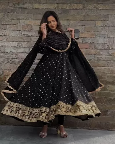 Black Georgette Sequence Work Anarkali Gown Dupatta Set 0f 2