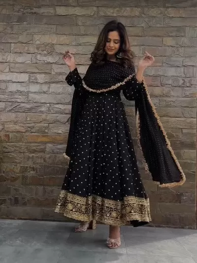 Black Georgette Sequence Work Anarkali Gown Dupatta Set 0f 2