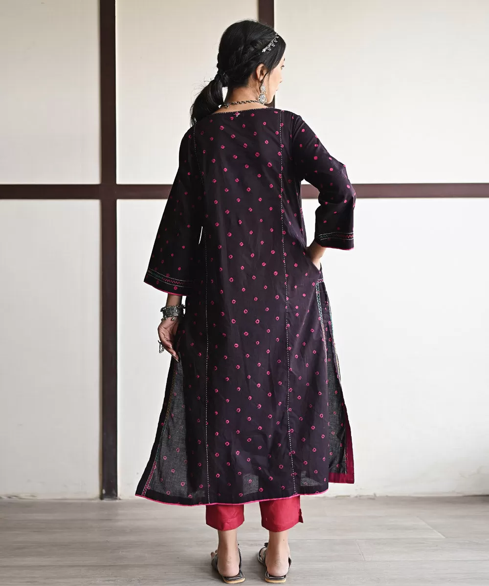 Black hand embroidered cotton bandhej kurti