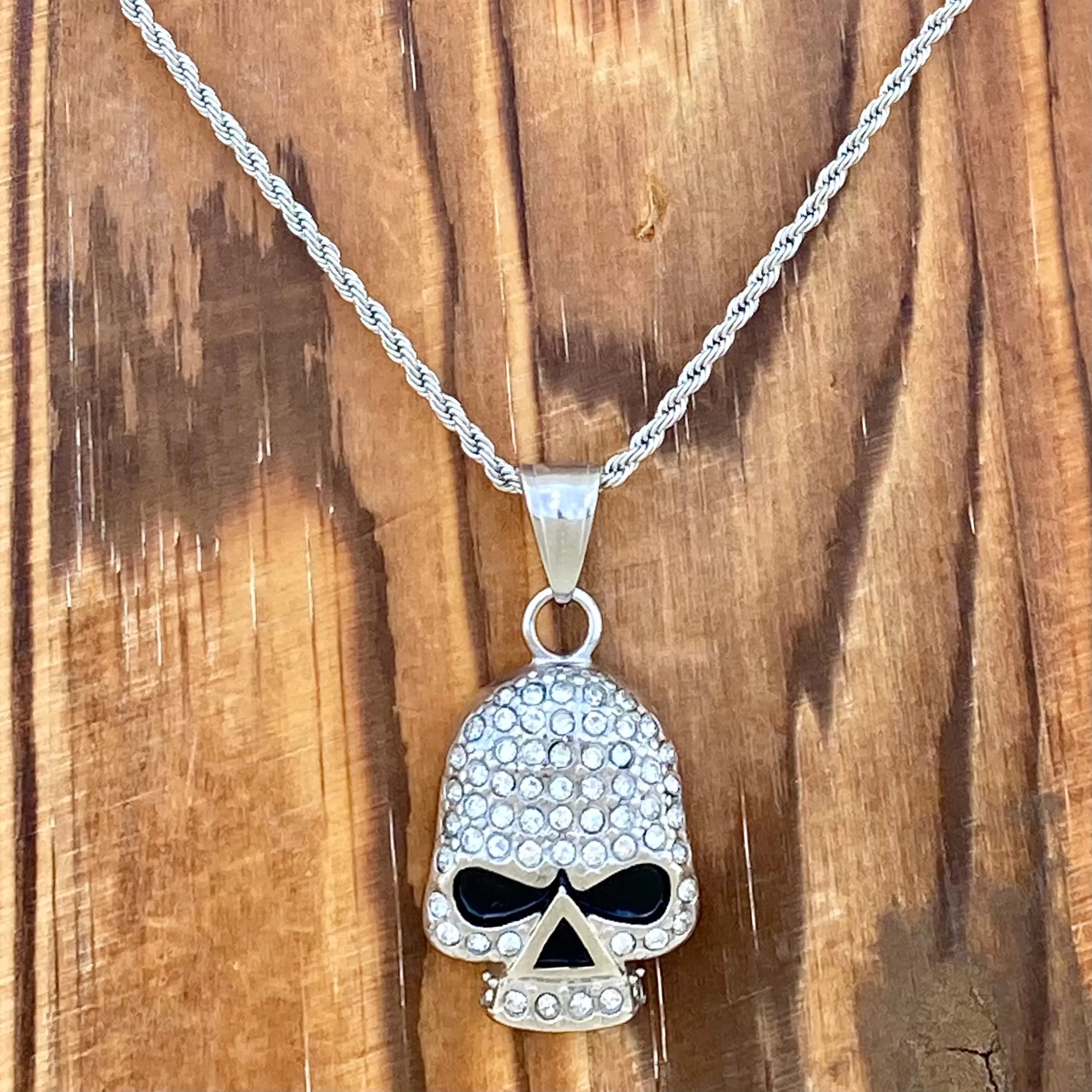 Bling Skull Pendant - White Stone Pendant - Rope Necklace or Omega - SK2595