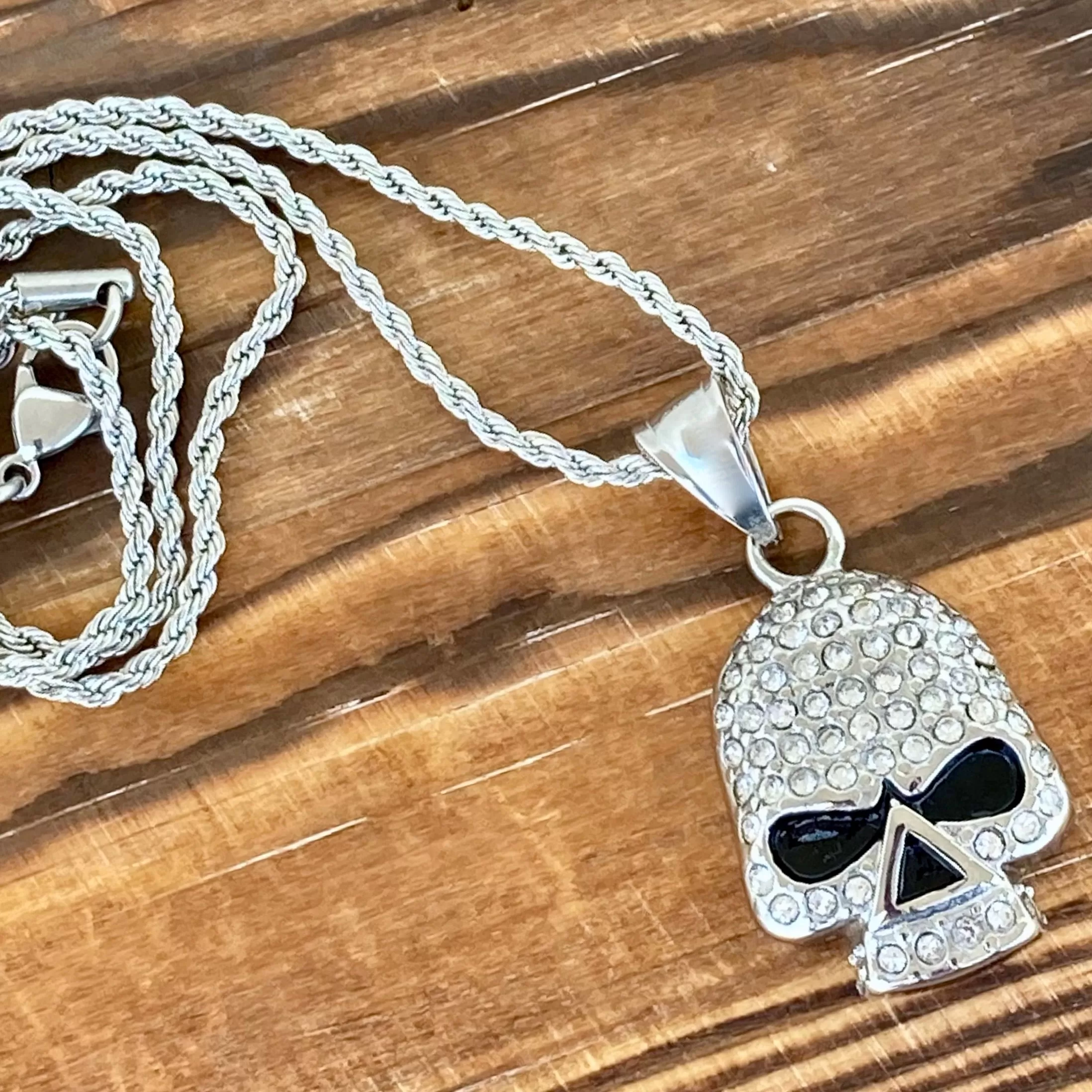 Bling Skull Pendant - White Stone Pendant - Rope Necklace or Omega - SK2595