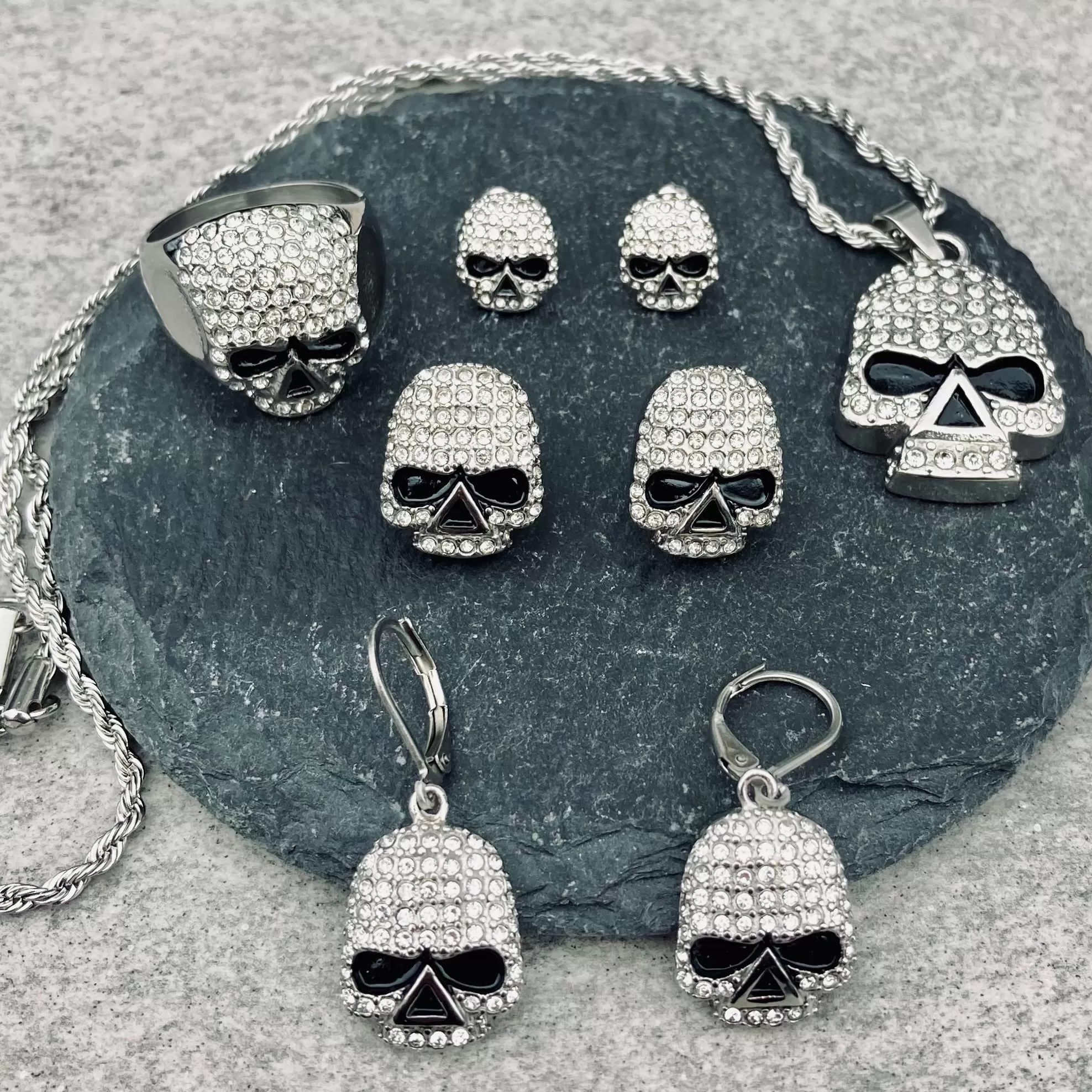 Bling Skull Pendant - White Stone Pendant - Rope Necklace or Omega - SK2595