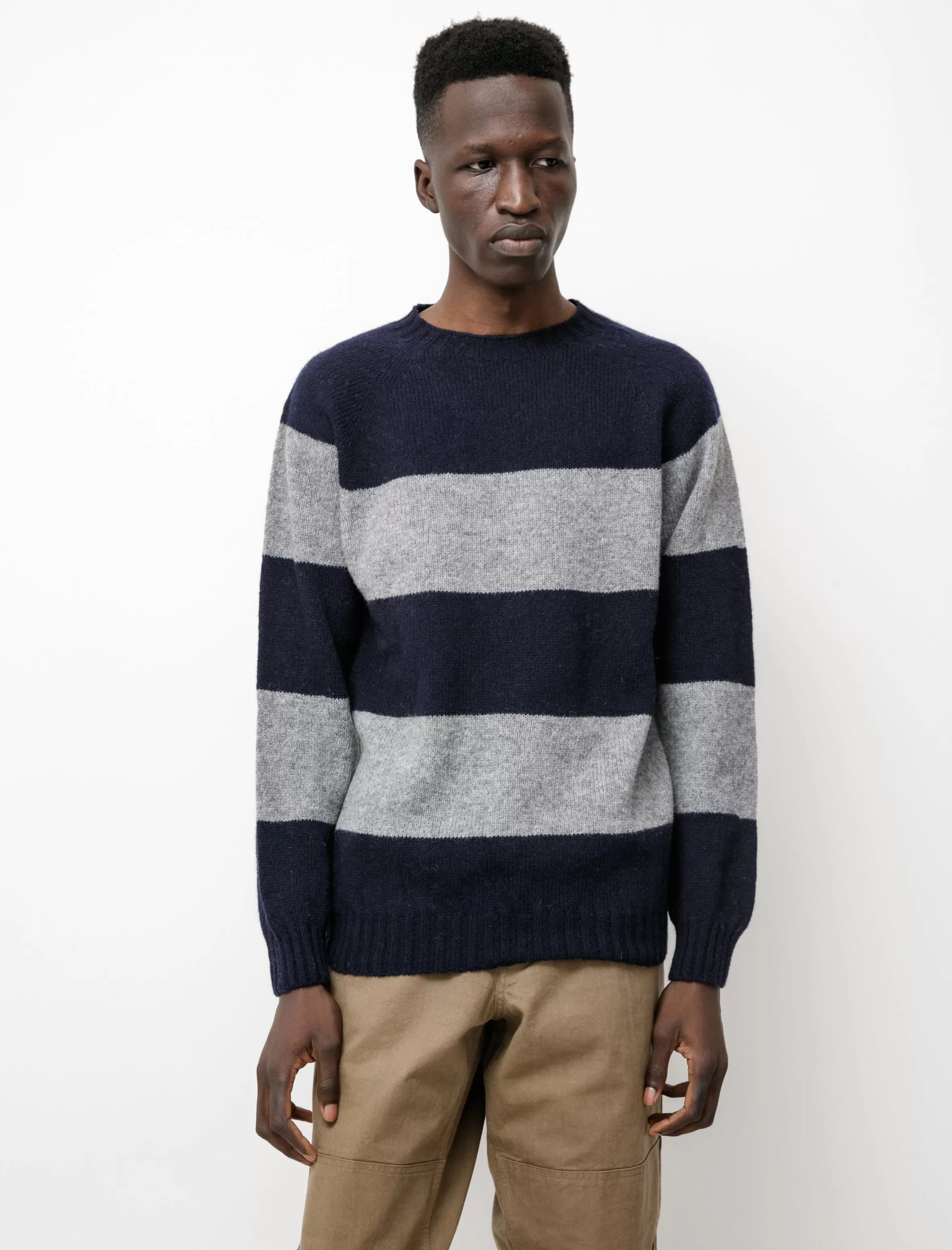 Block Stripe Shetland Sweater New Navy Grey