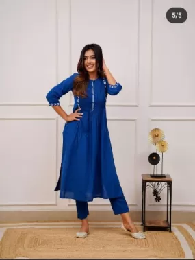 Blue Cotton Embroidred Kurti Pant Set