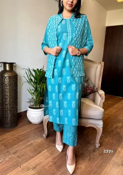 Blue Quilted Jacket Cotton Kurti Pant Set of 3