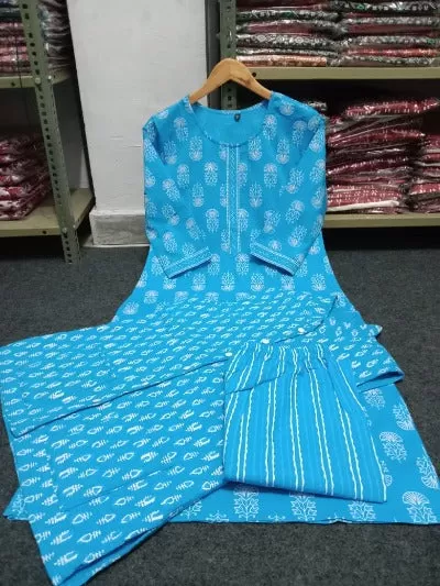 Blue Quilted Jacket Cotton Kurti Pant Set of 3