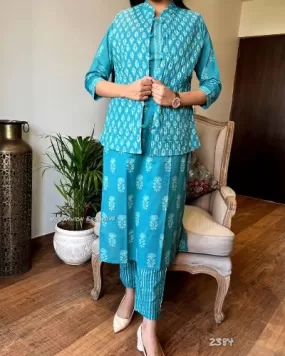 Blue Quilted Jacket Cotton Kurti Pant Set of 3