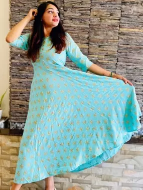 Blue Rayon Summer Wear 1Pc Gown Dress