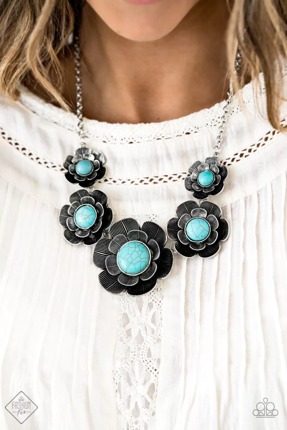 Bountiful Badlands Turquoise Blue Stone and Silver Flower Necklace - Paparazzi Accessories