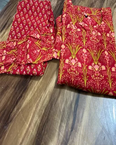 Burnt Red Printed Cotton Anarkali Kurti Pant Set Of 2