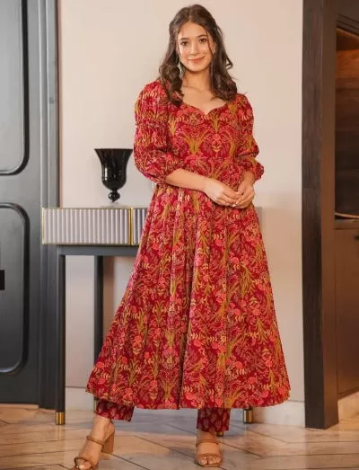 Burnt Red Printed Cotton Anarkali Kurti Pant Set Of 2