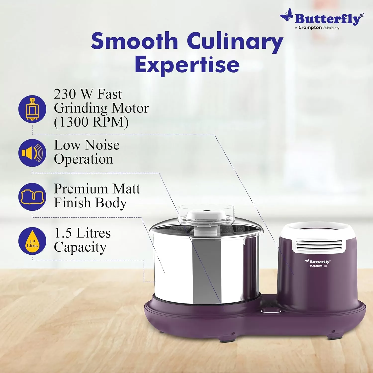 Butterfly Wet Grinder Magnum Lite 110-120 volts, 1.5 Litres, 230 watts (For use in USA and Canada only)