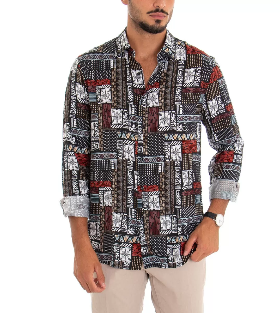 Camicia Uomo Con Colletto Manica Lunga Casual Viscosa Fantasia GIOSAL-C1800A