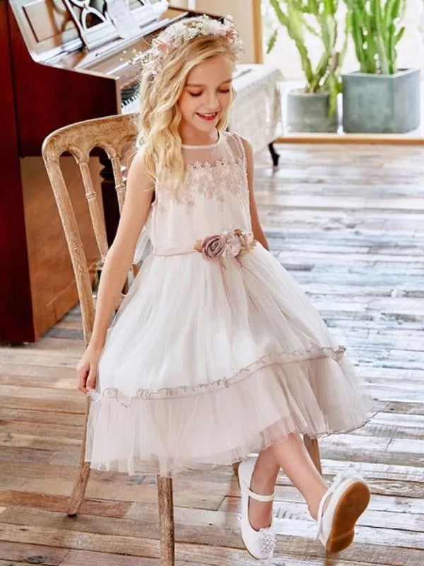 Champagne Jewel Neck Sleeveless Flower Girl Dresses Lace Tulle Flowers Kids Party Dresses