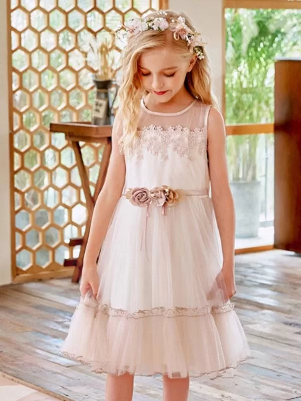 Champagne Jewel Neck Sleeveless Flower Girl Dresses Lace Tulle Flowers Kids Party Dresses