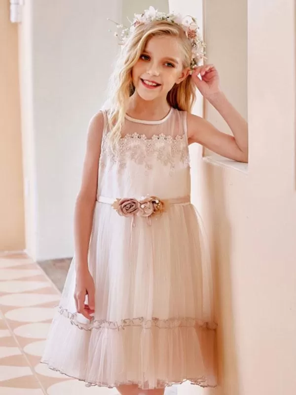 Champagne Jewel Neck Sleeveless Flower Girl Dresses Lace Tulle Flowers Kids Party Dresses