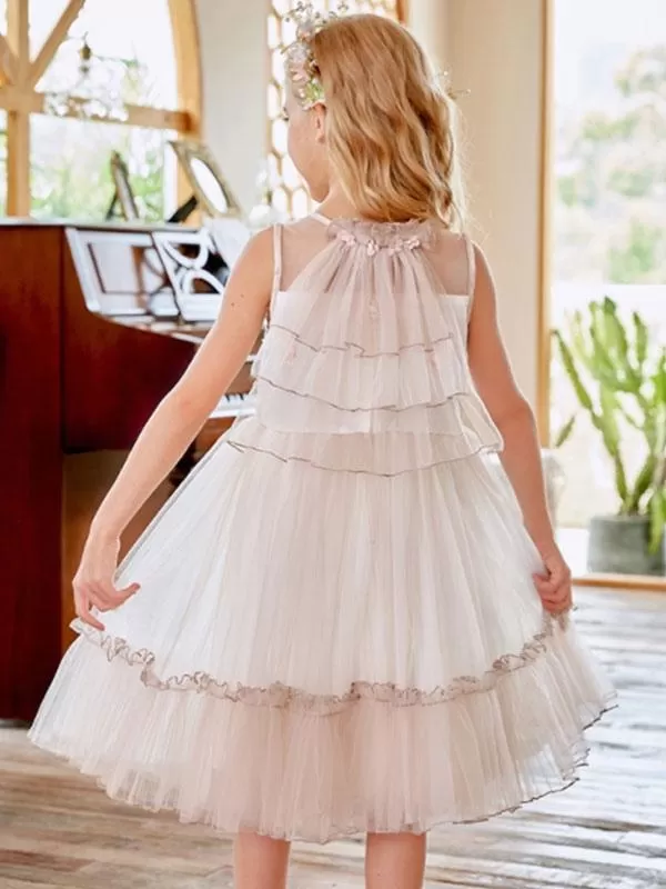 Champagne Jewel Neck Sleeveless Flower Girl Dresses Lace Tulle Flowers Kids Party Dresses