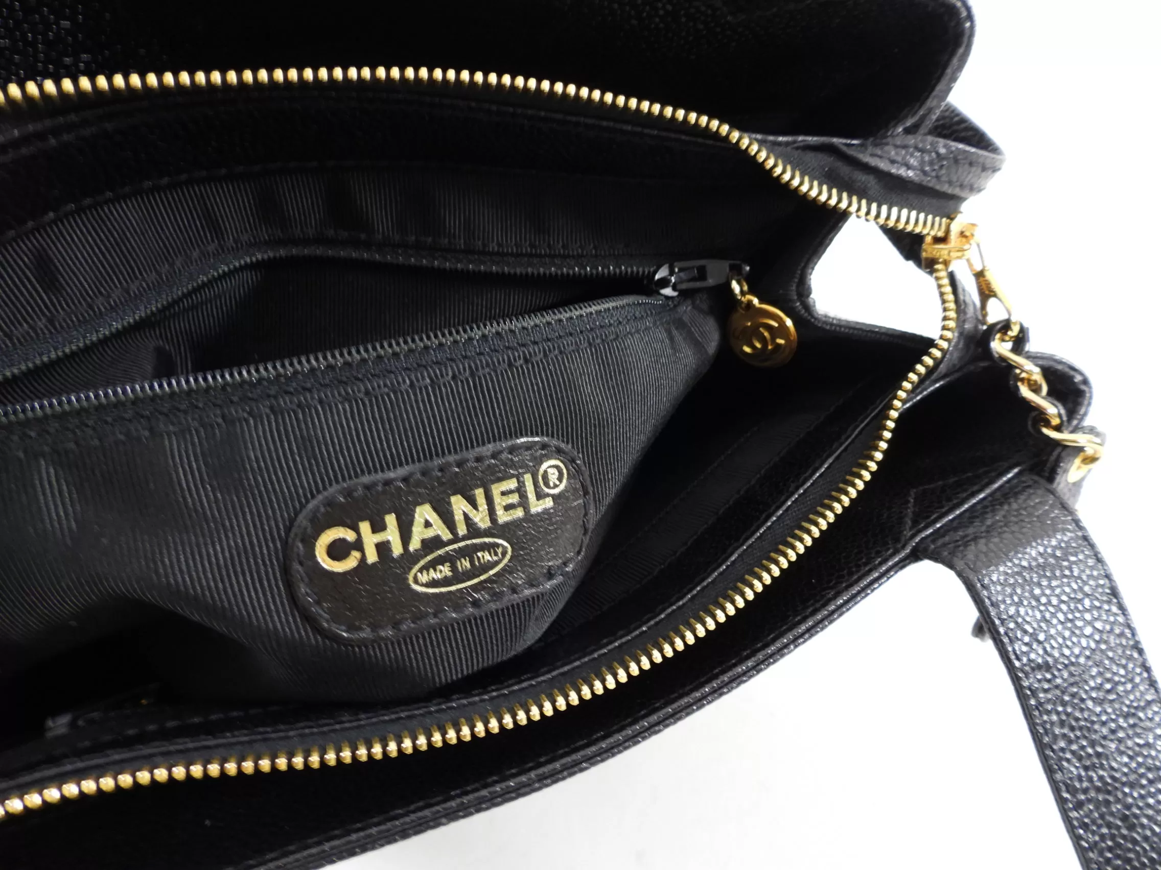 Chanel Vintage 1996-7 Black Caviar Leather Embroidered Logo Small Tote Bag